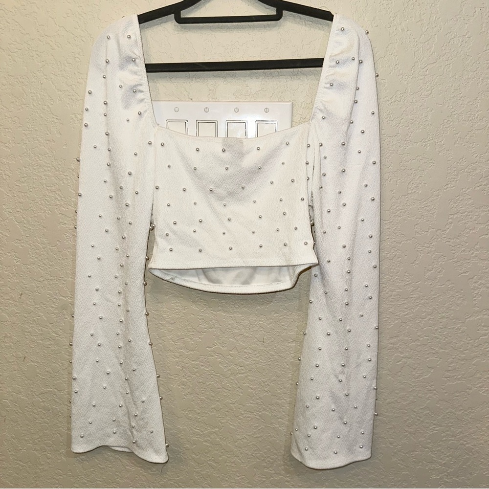 Windsor Large White Pearl Embellished Long Sleeve Crop Top Preppy Whimsical - Picture 5 of 7